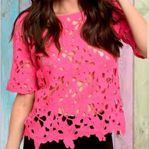 Angela Fashions Fuchsia Pink Crochet Criss Cross Back Lace Top NWOT